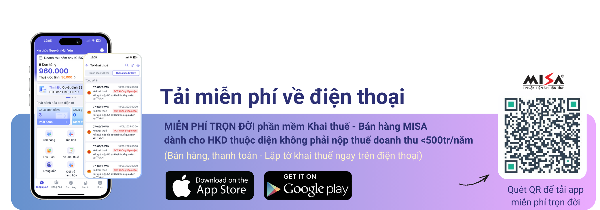 MIỄN PHÍ TRỌN ĐỜI bộ phần mềm MISA giúp HKD bán hàng, kê khai thuế - Dành cho HKD thuộc diện không phải nộp thuế doanh thu