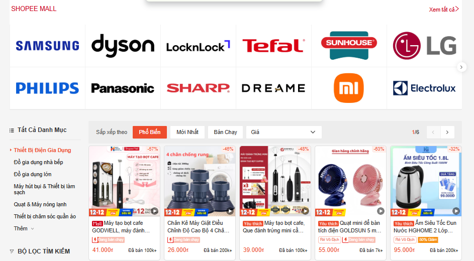 thiết bị điện gia dụng ngành hàng bán chạy top 3 trên shopee