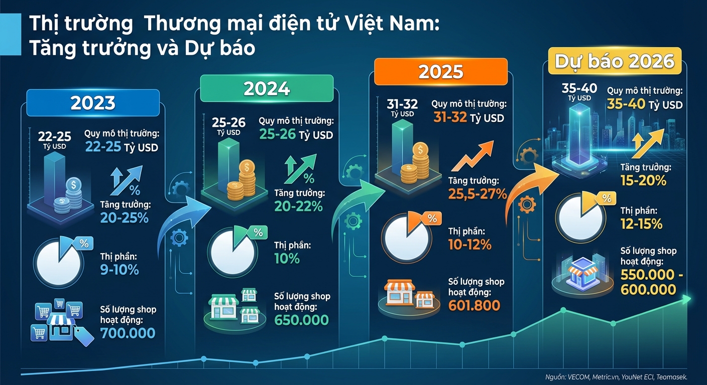 Biểu đồ tóm tắt quy mô và tăng trưởng thị trường TMĐT Việt Nam 2025 so với các năm trước