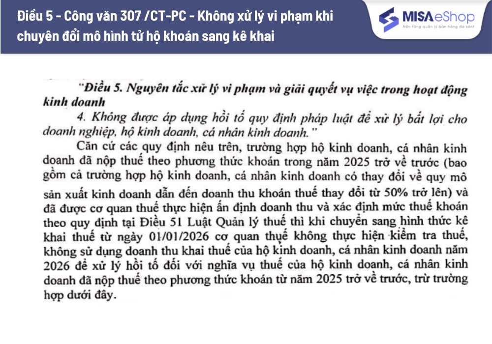 Công văn 307/CT-PC: Cam kết không truy thu thuế các năm trước khi chuyển sang kê khai