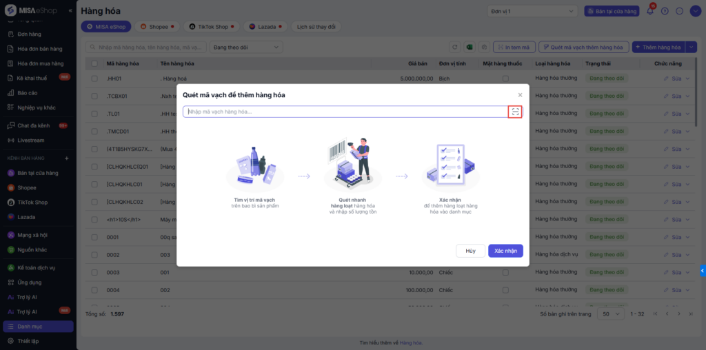 Quản lý hàng hóa trên misa eshop