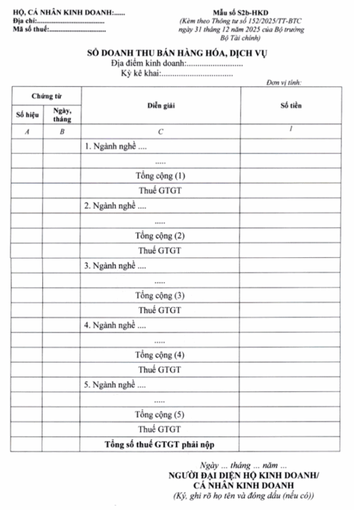 Sổ chi tiết doanh thu bán hàng hóa, dịch vụ - Mẫu số S2b-HKD