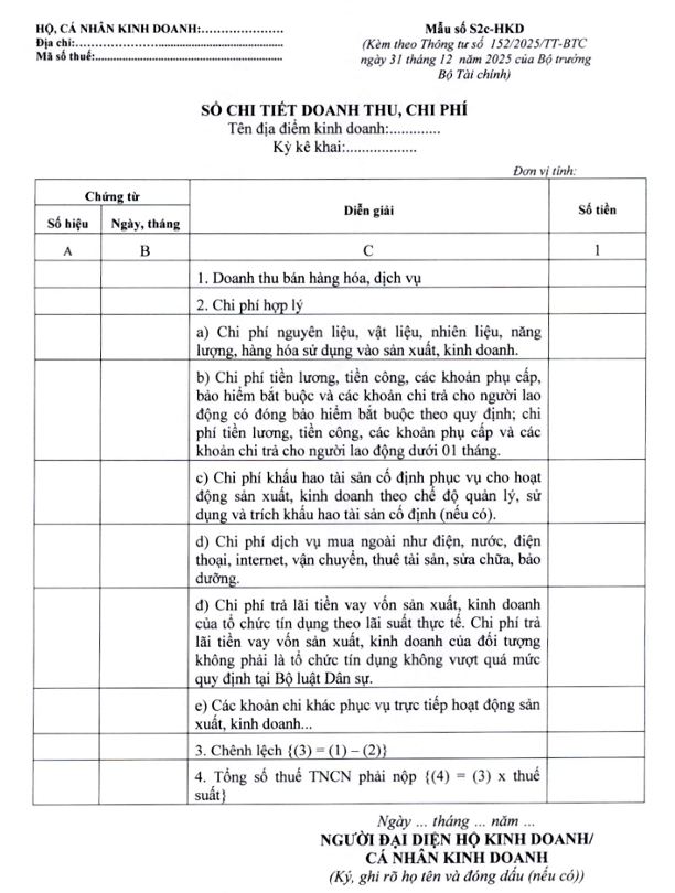 Sổ chi tiết doanh thu, chi phí - Mẫu số S2c-HKD