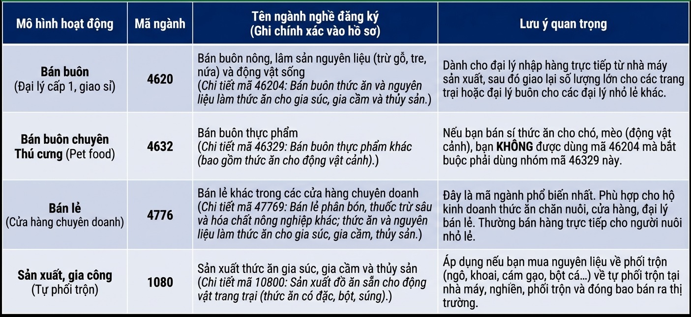 mã ngành hộ kinh doanh thức ăn chăn nuôi