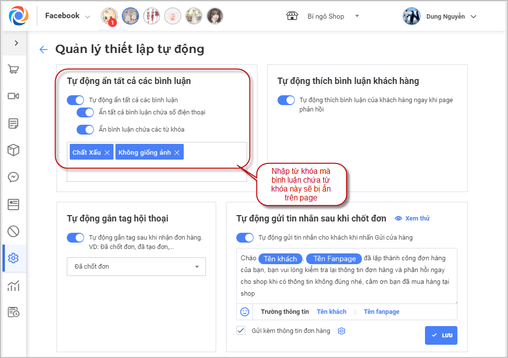 Ẩn bình luận có sđt hoặc từ khóa theo thiết lập