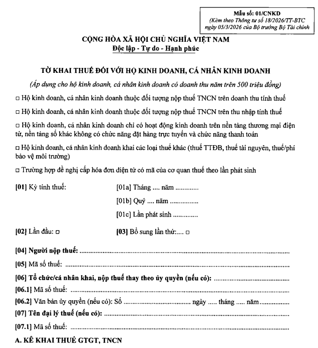 Tờ khai thuế Mẫu số 01/CNKD