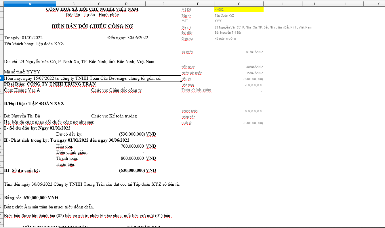 Biên bản đối chiếu công nợ bằng excel