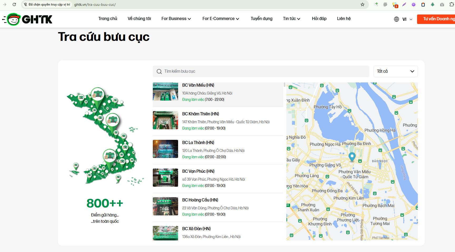 danh sách bưu cục GHN