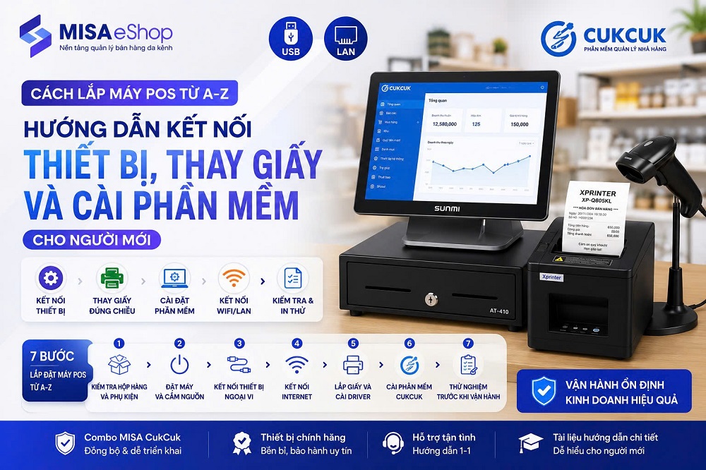 Cách lắp máy POS từ A-Z: Hướng dẫn kết nối thiết bị, thay giấy và cài phần mềm cho người mới