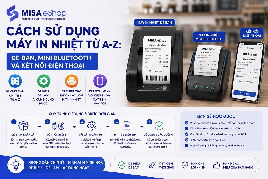 Cách sử dụng máy in nhiệt từ A-Z: để bàn, mini Bluetooth và kết nối điện thoại