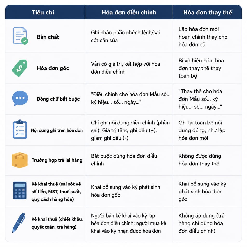 so sánh hóa đơn điều chỉnh và hóa đơn thay thế